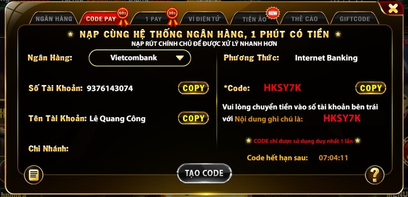 Nạp tiền Hit Club qua code pay