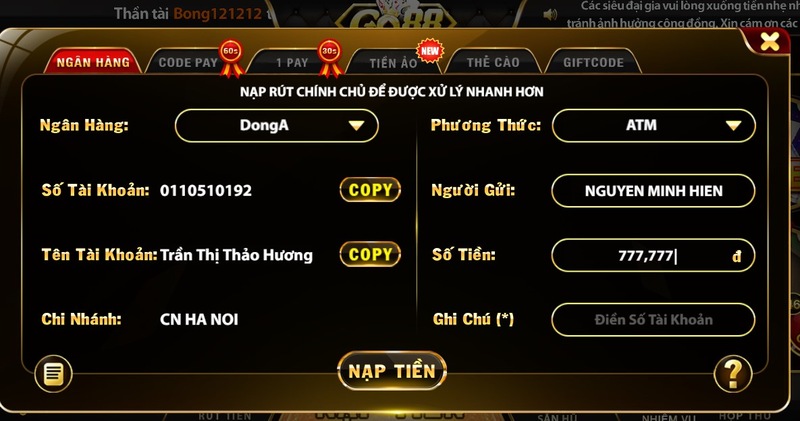 Hướng dẫn nạp tiền Go88 đầy đủ và nhanh chóng nhất